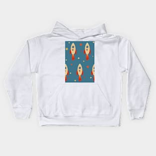 Retro Rocket Ships and Stars repeat pattern on blue background Kids Hoodie